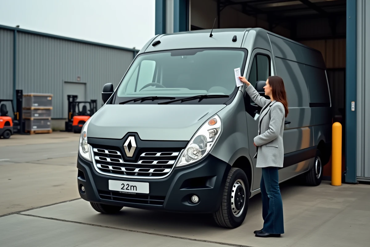Femme vérifiant la hauteur d'un Renault Master L2H2 face à un portique de hauteur limite devant un entrepôt logistique