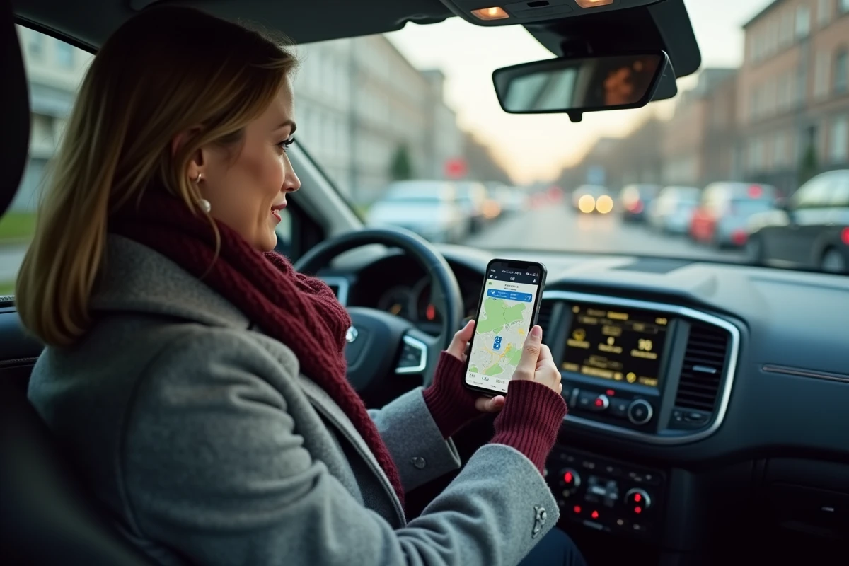 Femme vérifiant la conformité LEZ sur smartphone à l'intérieur d'une voiture immatriculée en Belgique