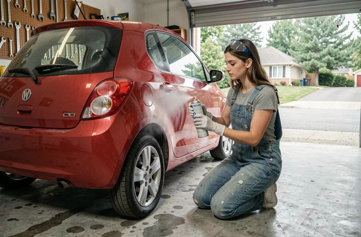 Jeune femme en combinaison de travail appliquant du vernis en bombe aérosol sur la carrosserie d'une voiture rouge dans un garage domestique