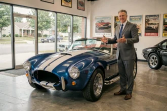 Voiture Cobra réplique 1965 en vente dans un showroom de voitures classiques avec un vendeur professionnel