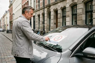 Homme examinant le sticker de zone de basse émission sur son véhicule diesel dans une rue de Bruxelles