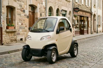 Petite voiture sans permis crème garée dans une rue pavée d'un village français