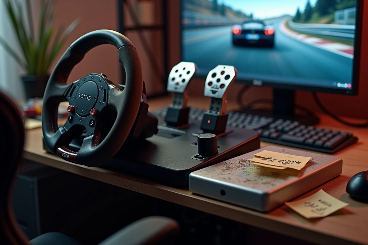 Volant et pédales de simulation racing pour Assetto Corsa en gros plan
