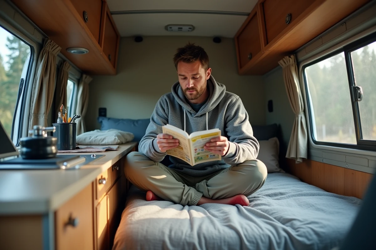 Homme lisant un guide dans l’intérieur d’un van