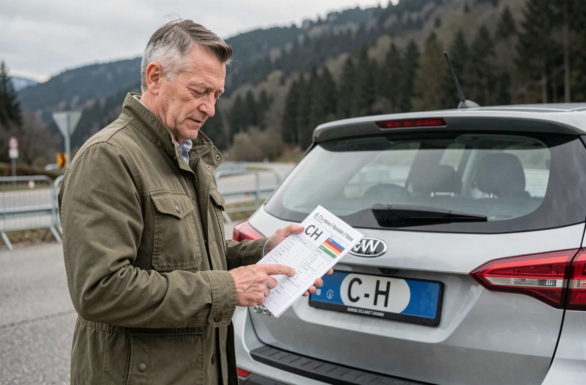 Voyageur pointant une plaque d'immatriculation CH à un poste frontière européen avec guide de codes pays en main