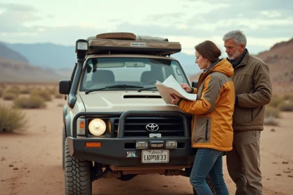 Homme et femme vérifiant une carte sur un 4x4 Toyota dans le désert