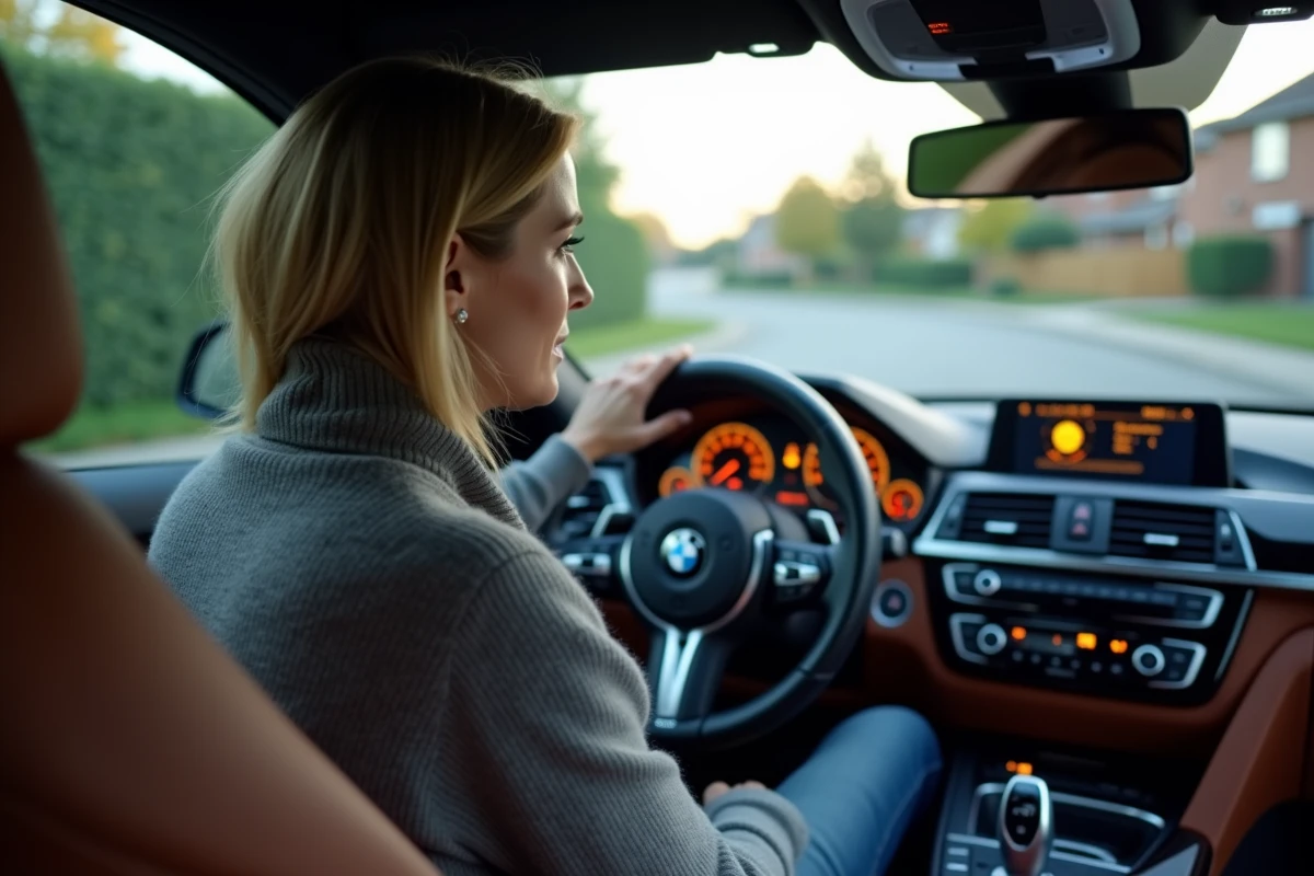 Conductrice observant le voyant moteur jaune allumé sur le tableau de bord d'une BMW 3 Series