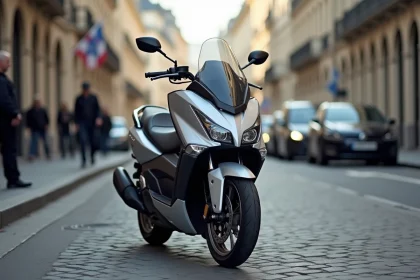Yamaha TMAX 750 garé dans une rue parisienne, vue 3/4 avant sur pavés avec immeubles haussmanniens en arrière-plan